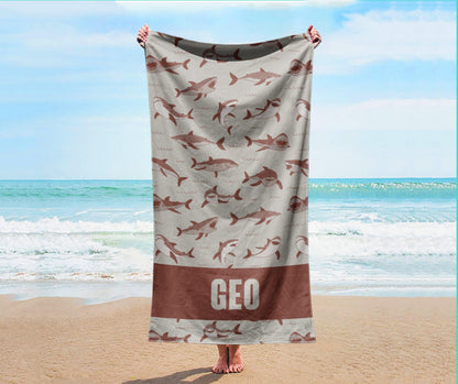 Personalized Shark Beach Towel: Custom Name, Vibrant Watercolor