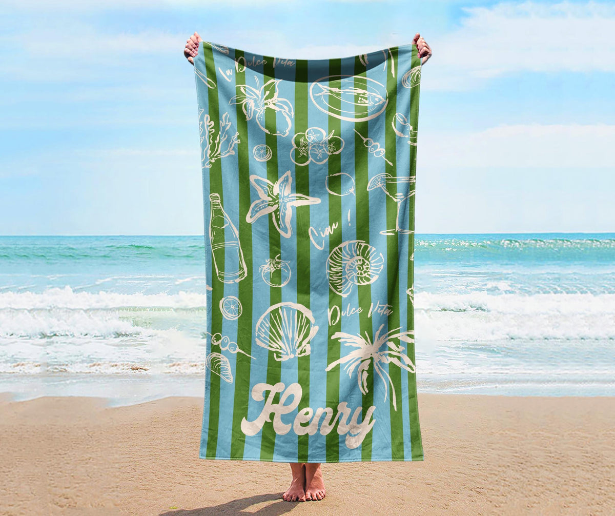 Retro Stripe Personalized Beach Towel: Vacation Gift