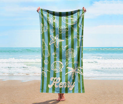Retro Stripe Personalized Beach Towel: Vacation Gift