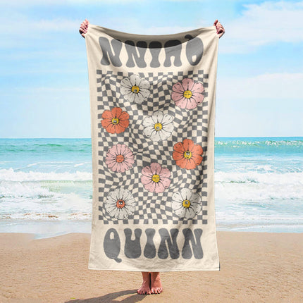 Personalized Retro Flower Beach Towel: Custom Name Bath & Pool Towel