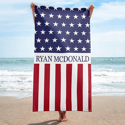 Personalized US Flag Beach Towel: Custom Name, Patriotic Gift