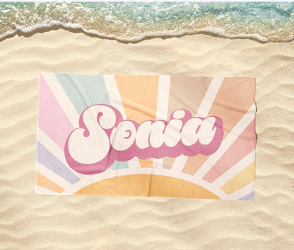 Groovy Retro Personalized Beach Towel: Custom Name Bath Towel
