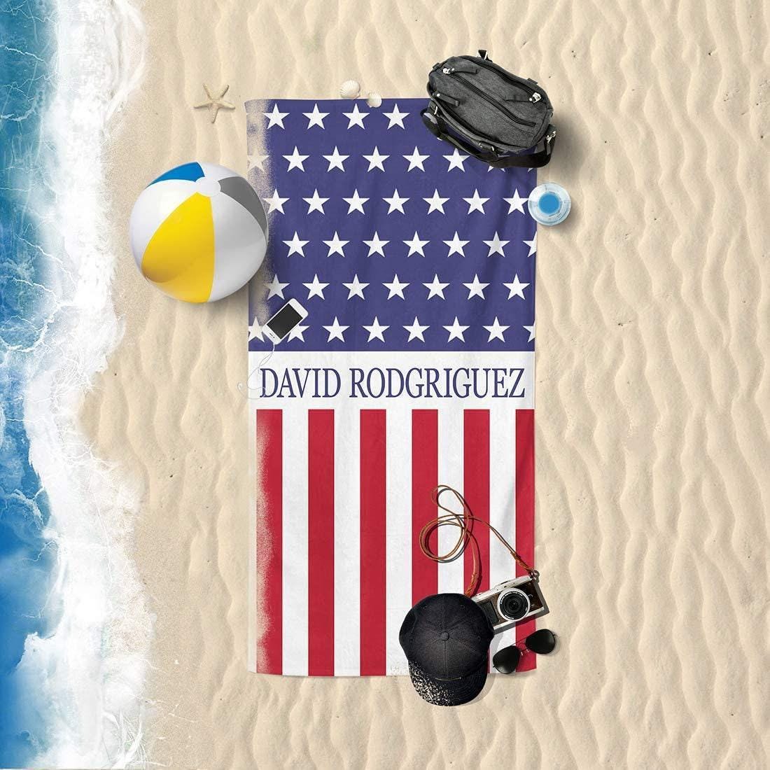 Personalized US Flag Beach Towel: Custom Name, Patriotic Gift