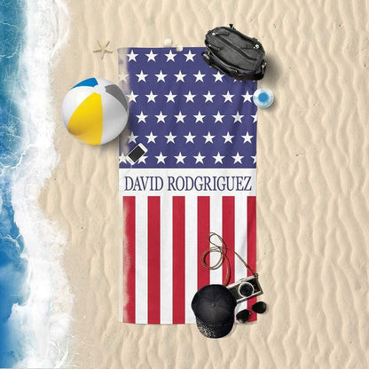Personalized US Flag Beach Towel: Custom Name, Patriotic Gift