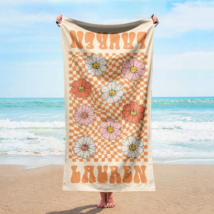 Personalized Retro Flower Beach Towel: Custom Name Bath & Pool Towel