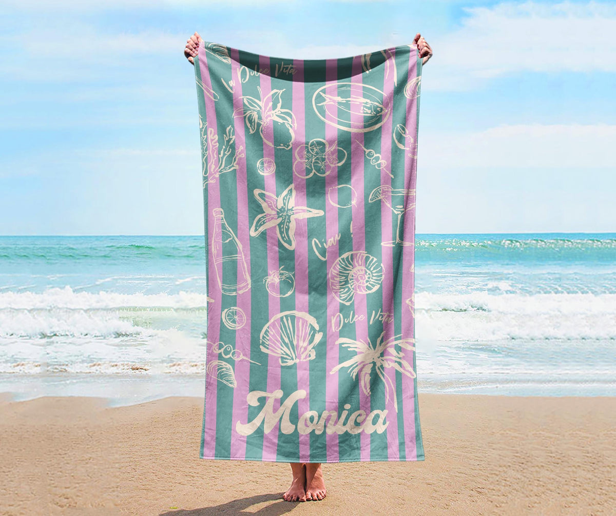 Retro Stripe Personalized Beach Towel: Vacation Gift