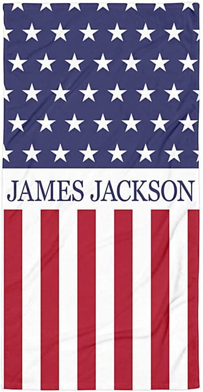 Personalized US Flag Beach Towel: Custom Name, Patriotic Gift