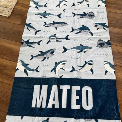 Personalized Shark Beach Towel: Custom Name, Vibrant Watercolor