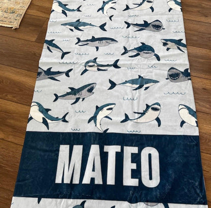 Personalized Shark Beach Towel: Custom Name, Vibrant Watercolor