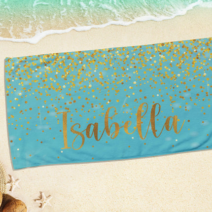Personalized Sparkling Gold Name Beach Towel: Custom Vacation Gift
