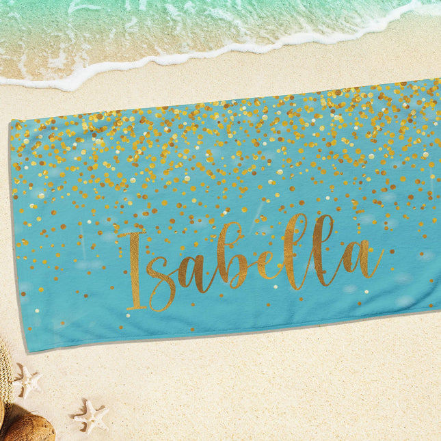 Personalized Sparkling Gold Name Beach Towel: Custom Vacation Gift