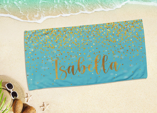 Personalized Sparkling Gold Name Beach Towel: Custom Vacation Gift