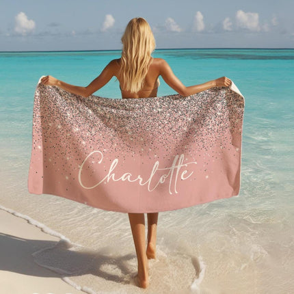 Personalized Silver Glitter Beach Towel: Custom Name, Vacation Gift