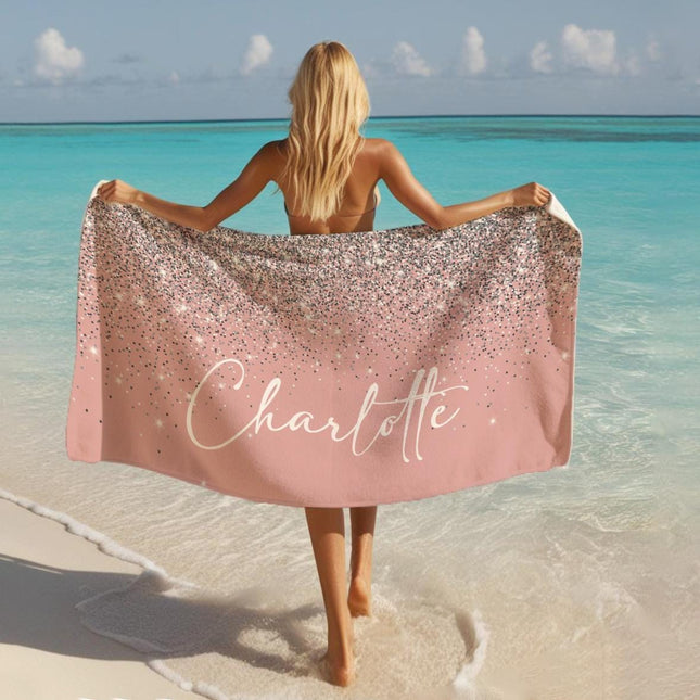 Personalized Silver Glitter Beach Towel: Custom Name, Vacation Gift