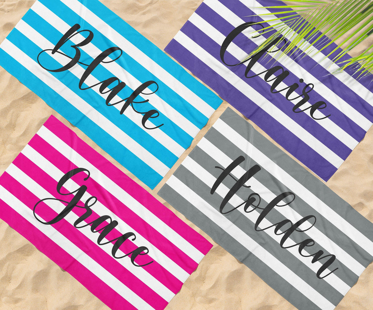 Personalized Stripe Beach Towel: Custom Name Bath & Pool Towel