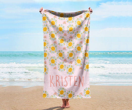 Personalized Sunshine Rainbow Beach Towel: Retro Flower Custom Name