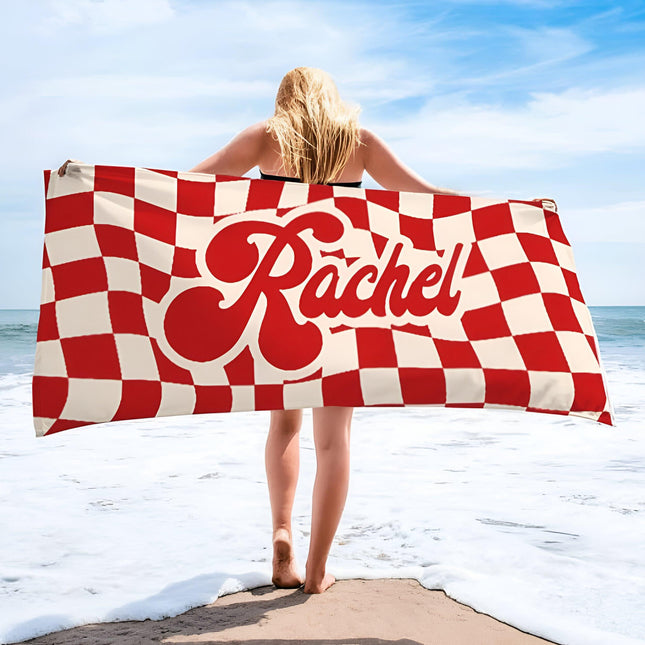 Personalized Retro Checkerboard Beach Towel: Custom Name Gift