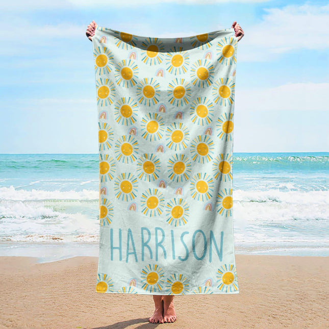 Personalized Sunshine Rainbow Beach Towel: Custom Name Vacation Gift