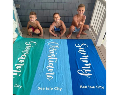 Personalized Script Beach Towel: Custom Name, Vacation Gift