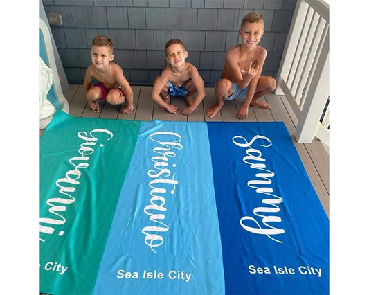Personalized Script Beach Towel: Custom Name, Vacation Gift