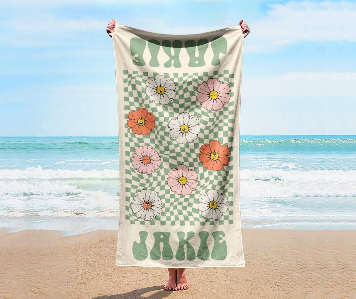 Personalized Retro Beach Towel: Custom Name, Vibrant Colors