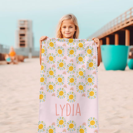 Personalized Sunshine Rainbow Beach Towel: Retro Flower Custom Name