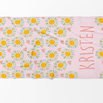 Personalized Sunshine Rainbow Beach Towel: Retro Flower Custom Name