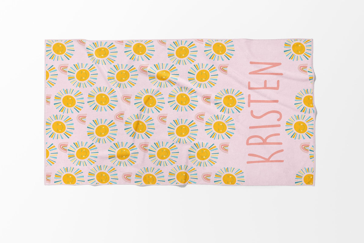 Personalized Sunshine Rainbow Beach Towel: Retro Flower Custom Name