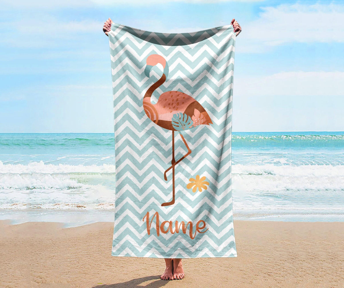 Personalized Beach Towel: Custom Name, Striped Flip Flops