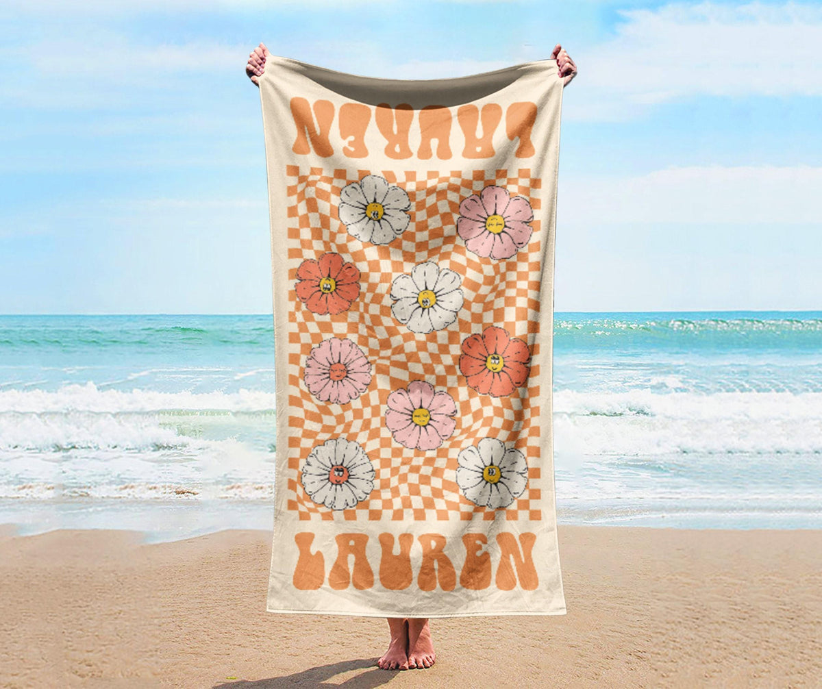Personalized Retro Beach Towel: Custom Name, Vibrant Colors