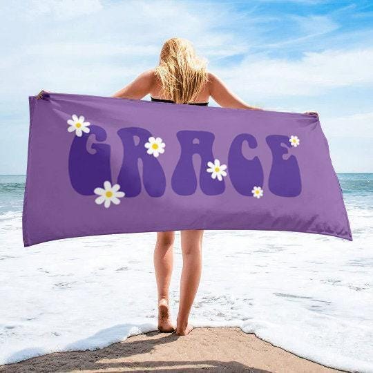 Retro Flower Personalized Beach Towel: Custom Name Bath & Pool Towel