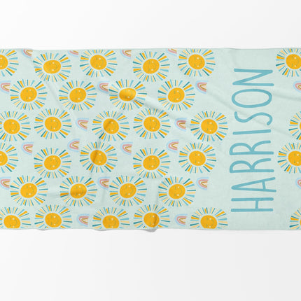 Personalized Sunshine Rainbow Beach Towel: Retro Flower Custom Name
