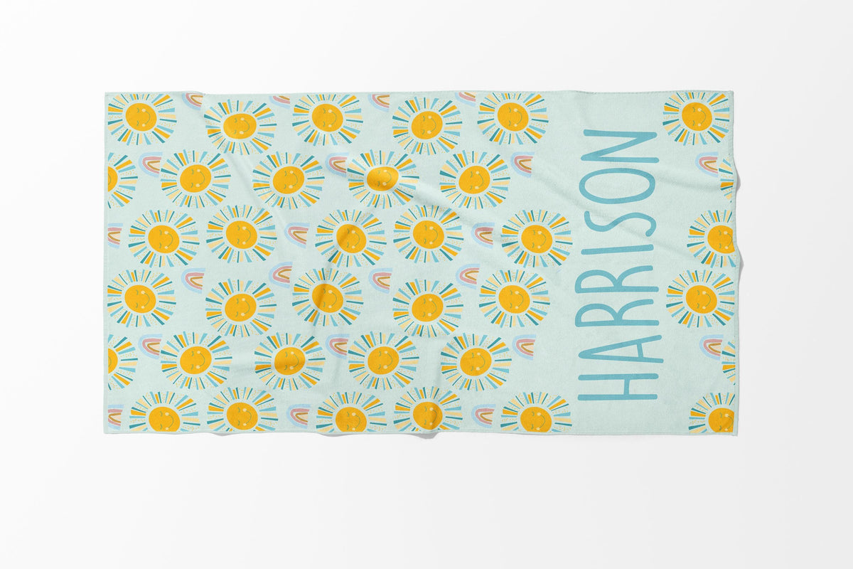 Personalized Sunshine Rainbow Beach Towel: Retro Flower Custom Name