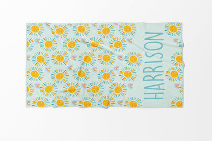 Personalized Sunshine Rainbow Beach Towel: Retro Flower Custom Name