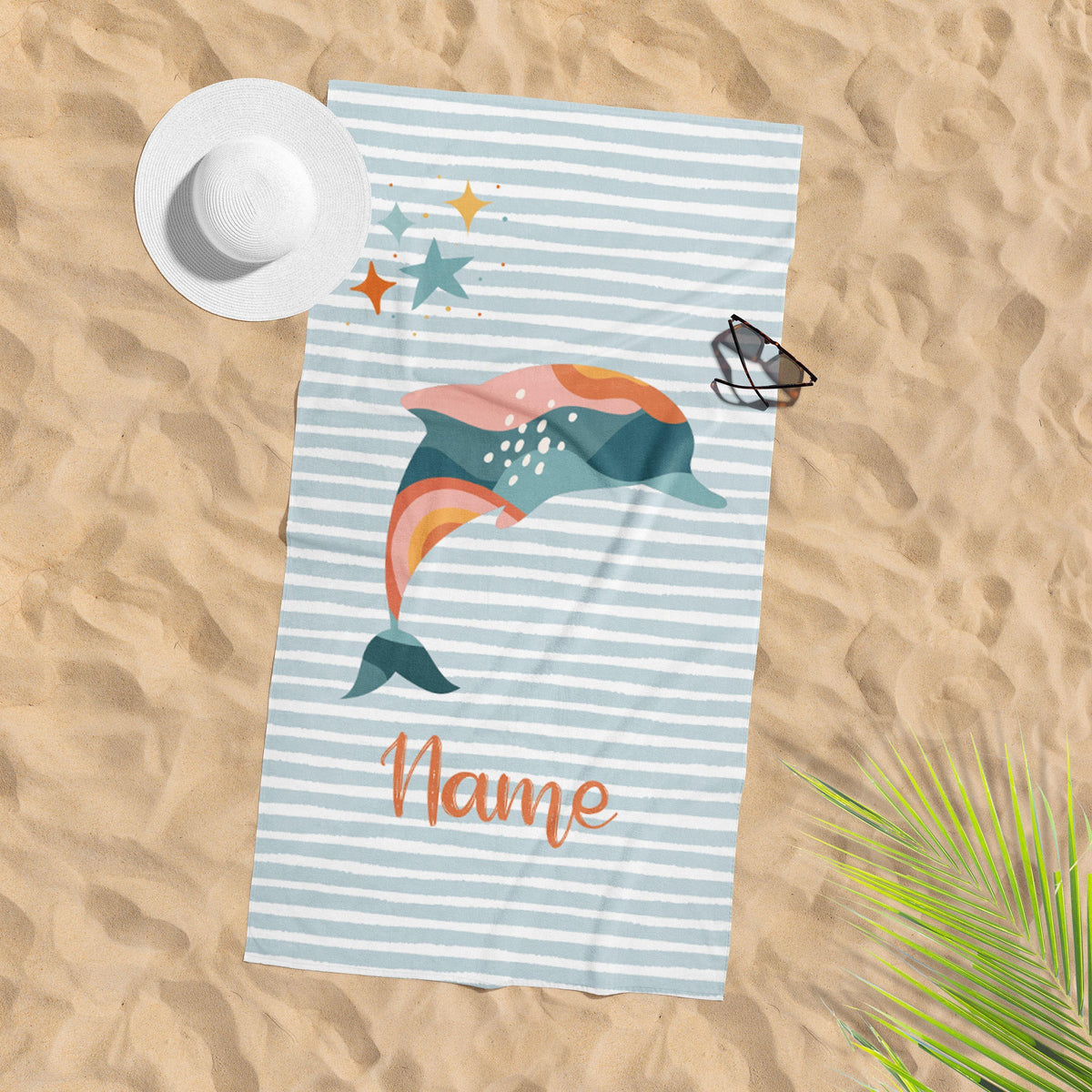 Personalized Beach Towel: Custom Name, Striped Flip Flops
