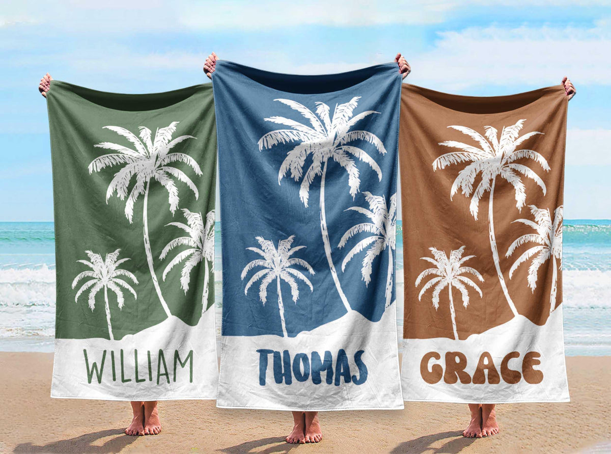 Personalized Palm Tree Beach Towel: Custom Name Vacation Gift