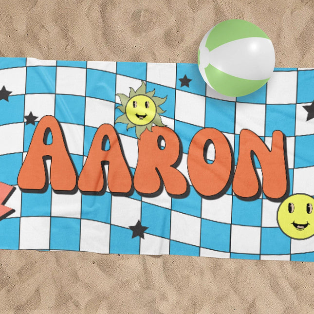 Retro Checkerboard Personalized Beach Towel: Custom Name Gift