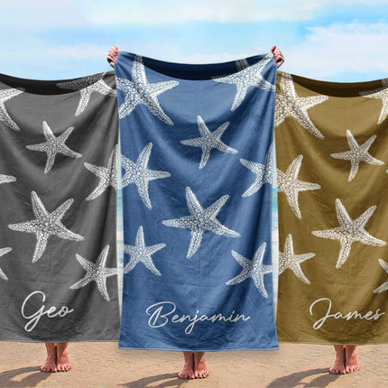 Personalized Starfish Beach Towel: Custom Name, Vacation Gift