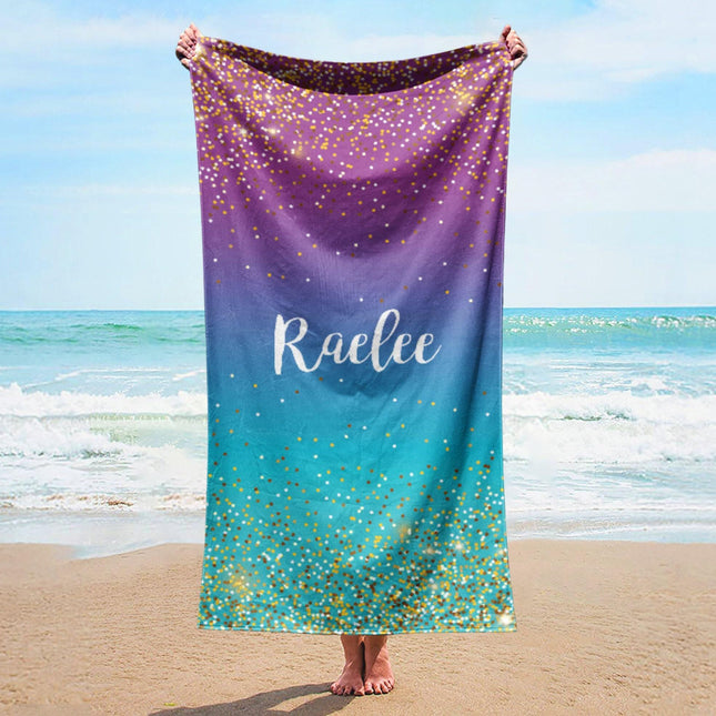 Personalized Sparkling Gold Name Beach Towel: Custom Vacation Gift