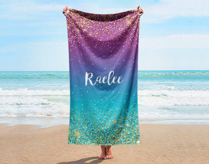 Personalized Sparkling Gold Name Beach Towel: Custom Vacation Gift