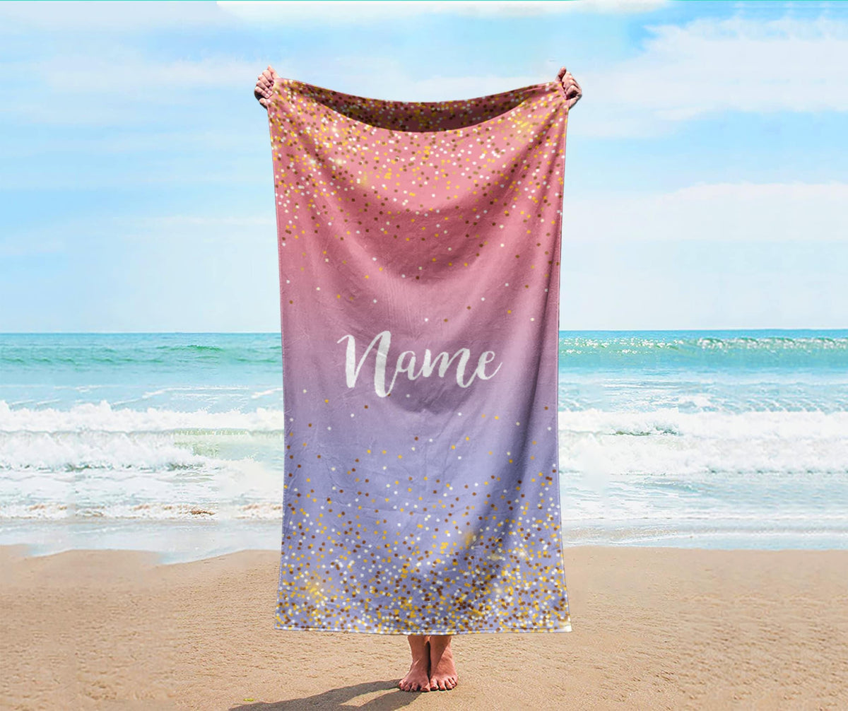 Personalized Sparkling Gold Name Beach Towel: Custom Vacation Gift