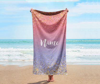 Personalized Sparkling Gold Name Beach Towel: Custom Vacation Gift