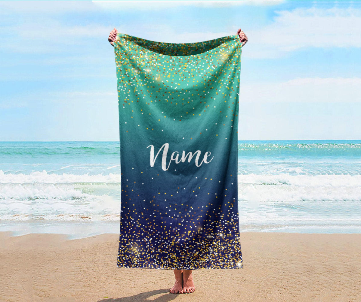 Personalized Sparkling Gold Name Beach Towel: Custom Vacation Gift