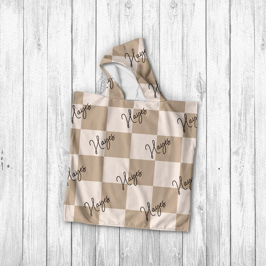 Personalized Baby Hooded Poncho Towel: Retro Checkered Name Pattern