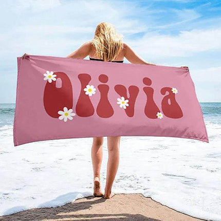 Retro Flower Personalized Beach Towel: Custom Name Bath & Pool Towel