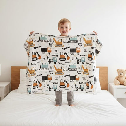 Personalized Kids Construction Blanket – Custom Name Embroidered, Minky or Sherpa