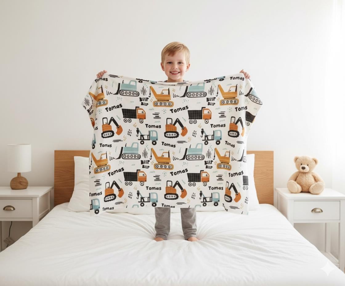 Personalized Kids Construction Blanket – Custom Name Embroidered, Minky or Sherpa