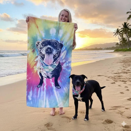 Portrait Pet Beach Towel Pet Photo + Name Custom Dog Personalized Dog Beach Towel Cat Picture Blanket Pet Photo Customized Gift