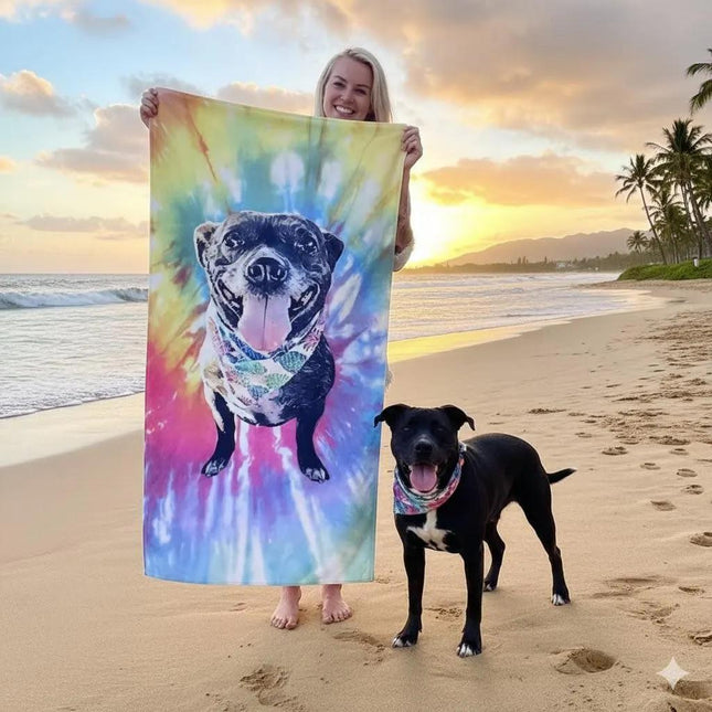 Portrait Pet Beach Towel Pet Photo + Name Custom Dog Personalized Dog Beach Towel Cat Picture Blanket Pet Photo Customized Gift