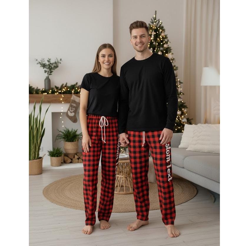 Personalized Christmas Plaid Pajama Pants: Red Green Checker, Custom Family Pajamas